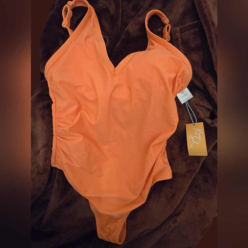 Kona Sol Orange Bodysuit One Piece Swimsuit Classic Scoop Neck